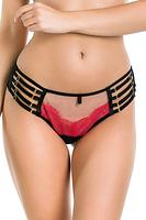 Figi typu brazyliany, tył wysoko wycięty wykonany z podwójnego tiulu.
Przód z koronką, nabokach paseczki z regulacją.
Skład surowcowy: 78%Poliamid, 12%Elastan, 5%Poliester, 5%Bawełna