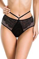 Figi klasyczne wykonane z czarnego tiulu, na bokach beżowa siatka na którą jest naszyta czarna koronka.
Tył wykończony podwójnym tiulem.
W talli czarny paseczek z regulacją.
Skład surowcowy: 78%Poliamid, 12%Elastan, 5%Poliester, 5%Bawełna