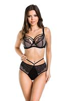 Figi klasyczne wykonane z czarnego tiulu, na bokach beżowa siatka na którą jest naszyta czarna koronka.
Tył wykończony podwójnym tiulem.
W talli czarny paseczek z regulacją.
Skład surowcowy: 78%Poliamid, 12%Elastan, 5%Poliester, 5%Bawełna