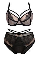 Figi klasyczne wykonane z czarnego tiulu, na bokach beżowa siatka na którą jest naszyta czarna koronka.
Tył wykończony podwójnym tiulem.
W talli czarny paseczek z regulacją.
Skład surowcowy: 78%Poliamid, 12%Elastan, 5%Poliester, 5%Bawełna