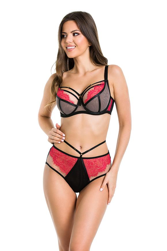 Figi klasyczne wykonane z czarnego tiulu, na bokach beżowa siatka na którą jest naszyta czerwona koronka.
Tył wykończony podwójnym tiulem.
W talli czarny paseczek z regulacją.
Skład surowcowy: 78%Poliamid, 12%Elastan, 5%Poliester, 5%Bawełna