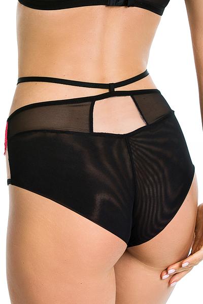 Figi klasyczne wykonane z czarnego tiulu, na bokach beżowa siatka na którą jest naszyta czerwona koronka.
Tył wykończony podwójnym tiulem.
W talli czarny paseczek z regulacją.
Skład surowcowy: 78%Poliamid, 12%Elastan, 5%Poliester, 5%Bawełna