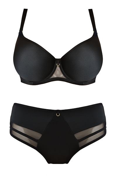 Gładki biustonosz z formowanymi miseczkami i odpinanymi ramiączkami. Miseczki z pianki, w dolnej części lekkie wypełnienie, dzięki któremu biust będzie lekko uniesiony ku górze. Zdecydowanym atutem tego modelu jest możliwość odpięcia ramiączek. Złote detale dodają elegancji i podkreślają nietuzinkowy charakter biustonosza. Boczki ze stabilnej siatki, brak fiszbin bocznych co zapewni wygodę użytkowania.
Skład: 85% poliamid, 10% elastan, 5% poliester.