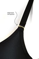 Gładki biustonosz z formowanymi miseczkami i odpinanymi ramiączkami. Miseczki z pianki, w dolnej części lekkie wypełnienie, dzięki któremu biust będzie lekko uniesiony ku górze. Zdecydowanym atutem tego modelu jest możliwość odpięcia ramiączek. Złote detale dodają elegancji i podkreślają nietuzinkowy charakter biustonosza. Boczki ze stabilnej siatki, brak fiszbin bocznych co zapewni wygodę użytkowania.
Skład: 85% poliamid, 10% elastan, 5% poliester.