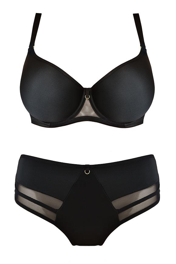 Gładki biustonosz z formowanymi miseczkami. Miseczki z pianki, w dolnej części lekkie wypełnienie, dzięki któremu biust będzie lekko uniesiony ku górze. Ramiączka łączą się z miseczkami na metalowych klamerkach-złote detale dodają elegancji i podkreślają nietuzinkowy charakter biustonosza. Boczki ze stabilnej siatki, brak fiszbin bocznych co zapewni wygodę użytkowania.
Skład: 85% poliamid, 10% elastan, 5% poliester.