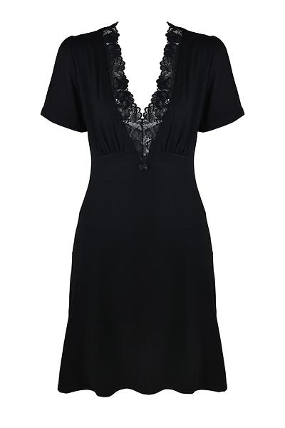 Koszulka nocna z delikatnej wiskozy, dekolt marszczony, ozdobiony koronką.
Krótki rękaw, długość przed kolano.
Skład surowcowy: 94% Wiskoza, 6% Elastan.
 