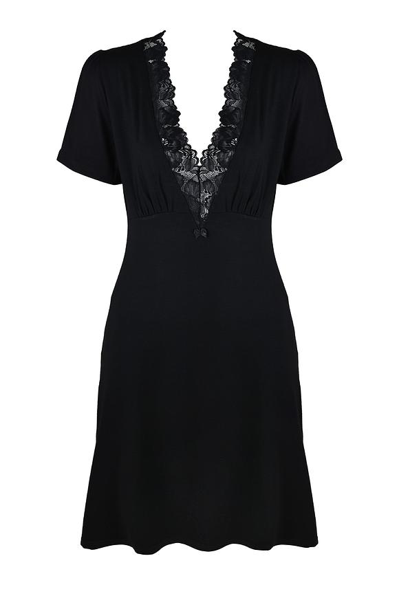 Koszulka nocna z delikatnej wiskozy, dekolt marszczony, ozdobiony koronką.
Krótki rękaw, długość przed kolano.
Skład surowcowy: 94% Wiskoza, 6% Elastan.
 