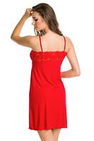 Koszulka nocna z delikatnej wiskozy, dekolt i pas ozdobiony koronką.
Wąskie ramiączko z regulacją, długość przed kolano.
Skład surowcowy: 94% Wiskoza, 6% Elastan.
 