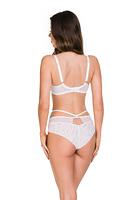 Biustonosz miękki, miseczki w dolnej części wykonane z siatki w kolorze beżowym, wierzch z białej siateczki, w górnej części została naszyta biała koronka.
Dekolt zdobią paseczki z regulacją, które można odpiąć.
Stabilny obwód i boczne fiszbiny zapewnią doskonałe podtrzymanie biustu.
Skład surowcowy:
85% Poliamid, 10% Elastan, 5% Poliester
 