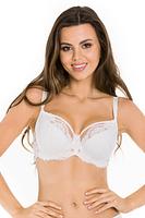 Biustonosz w konstrukcji semi soft.
Miseczki wykonane od dołu z pianki  pokrytej bogatą koronką, góra z beżowego tiulu zakończonego śmietankową lamówką.
Konstrukcja jednocześnie stabilna, unosi, zbiera biust i  doskonale go podtrzymuje .
Obwód z siatki, brak bocznej fiszbiny.
Skład surowcowy: 85%Poliamid, 10%Elastam, 5%Poliester.
 