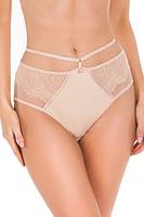 Figi klasyczne wykonane z beżowego tiulu, na bokach beżowa siatka na którą jest naszyta koronka.
Tył wykończony podwójnym tiulem.
W talli paseczek z regulacją.
Skład surowcowy: 78% Poliamid, 12% Elastan, 5% Poliester, 5% Bawełna
 