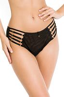 Niezwykłe figi typu brazyliany. Tył z podwójnego tiulu, wysoko wycięty. Boczki z regulowanymi paseczkami, kółeczka i regulatory w kolorze złota.
Skład: 78% Poliamid, 5% Poliester, 12% Elastan, 5% Bawełna
 
 