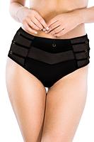 Zjawiskowe figi z wysokim stanem, boczki z tiulu, który zdobią czarne paseczki. Tył z czarnej mikrofibry, nogawki wykończone podwójnym tiulem. Kółeczka i regulatory w kolorze złota.
Skład surowcowy: 78% Poliamid, 12% Elastan, 5% Bawełna, 5% Poliester.
 
 