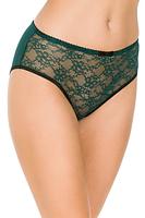 Figi klasyczne, przód z plenu, tył z gładkiej mikrofibry, całość w szmargdowym kolorze.
Skład surowcowy: 78% Poliamid, 12% Elastan, 5% Poliester, 5% Bawełna.
 