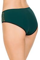 Figi klasyczne, przód z plenu, tył z gładkiej mikrofibry, całość w szmargdowym kolorze.
Skład surowcowy: 78% Poliamid, 12% Elastan, 5% Poliester, 5% Bawełna.
 