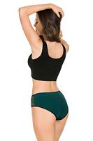 Figi klasyczne, przód z plenu, tył z gładkiej mikrofibry, całość w szmargdowym kolorze.
Skład surowcowy: 78% Poliamid, 12% Elastan, 5% Poliester, 5% Bawełna.
 