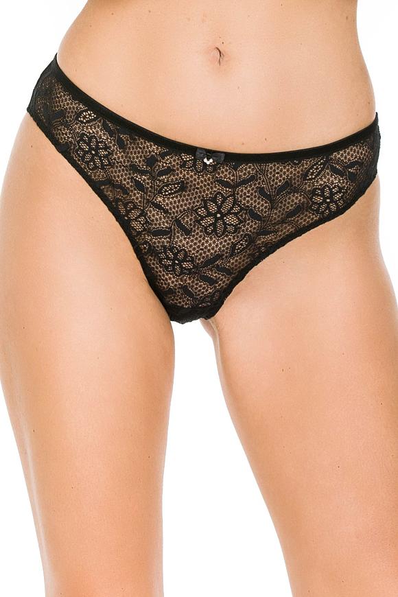Koronkowe figi wyżej wycięte na biodrach.
Cołość wykonana z miękkiej elastycznej koronki.
Skład surowcowy: 78% Poliamid, 12% Elastan, 5% Poliester, 5% Bawełna
 