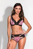 Figi pełne bogato zdobione kolorową koronką.
Przód z kolorowej koronki boczki z beżowej siatki,ozdobione czarną koronką, tył z czarnego tiulu i kolorowego plenu, dół zakończony koronką, w kroku bawełniany klin.
 
Skład surowcowy: 78% Poliamid, 12% Elastan, 5% Poliester, 5% Bawełna.