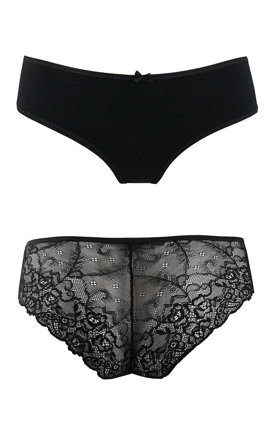 Figi damskie, przód gładki z bawełny, tył z delikatnej koronki. 
Skład: bawełna 95%, elastan 5%.