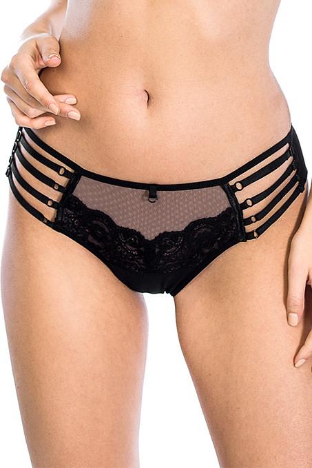 Niezwykłe figi typu brazyliany. Tył wysoko wycięty z podwójnego tiulu. Boczki z regulowanymi paseczkami, przód z koronką.
Skład: 78% Poliamid, 5% Poliester, 12% Elastan, 5% Bawełna.