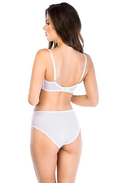 Biustonosz półusztywniony. Dolna część miseczki z pianki pokrytej mikrofibrą w kropki, góra z elastycznej koronki. Wnętrze miseczek z bawełny.
Skład surowcowy: 70%Poliamid 20%Elastan 10%bawełna