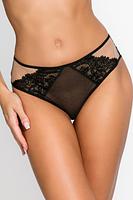 Figi wykonane z połączenia tiulu i koronki.
Boczki z tiulu pokrytego czarną koronką, tył z siatki, dół wykończony koronką.
Skład: 78% Poliamid, 12% Elastan, 5% Poliester, 5% Bawełna
 