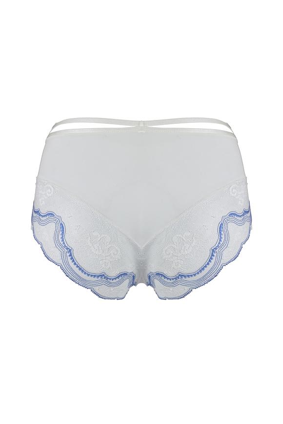 Biustonosz miękki o kroju balkonetki, miseczki z delikatnej siatki ozdobionej delikatną koronką z błękitną nitką.
Dekolt zdobią paseczki z regulacją, konstrukcja unosząca i zbierająca biust do środka.
Konstrukcja MS5 DELICE
Skład: 85% Poliamid, 10% Elastan, 5% Poliester.