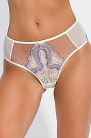 Figi wykonane z kremowego tiulu, środek i tył z koronki z niebieską nitką.
Skład: 78% Poliamid, 12% Elastan, 5% Poliester, 5% Bawełna
 