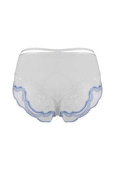 Figi wykonane z kremowego tiulu, środek i tył z koronki z niebieską nitką.
Skład: 78% Poliamid, 12% Elastan, 5% Poliester, 5% Bawełna
 
