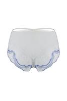 Figi wykonane z kremowego tiulu, środek i tył z koronki z niebieską nitką.
Skład: 78% Poliamid, 12% Elastan, 5% Poliester, 5% Bawełna
 