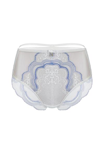 Figi wykonane z kremowego tiulu, środek i tył z koronki z niebieską nitką.
Skład: 78% Poliamid, 12% Elastan, 5% Poliester, 5% Bawełna
 