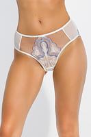 Figi wykonane z kremowego tiulu, środek i tył z koronki z niebieską nitką.
Skład: 78% Poliamid, 12% Elastan, 5% Poliester, 5% Bawełna
 