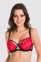 Biustonosz miękki.
Miseczki wykonane z siatki, na którą została naszyta czerwona koronka, miseczki wykończone czarną lamówką.
Skład surowcowy: 85% Poliamid, 10% Elastan, 5% Poliester
 