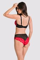 Biustonosz miękki.
Miseczki wykonane z siatki, na którą została naszyta czerwona koronka, miseczki wykończone czarną lamówką.
Skład surowcowy: 85% Poliamid, 10% Elastan, 5% Poliester
 