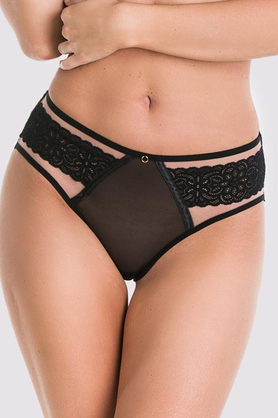 Figi pełne wykonane z beżowej siatki, środek przykryty czarnym tiulem boki i pas z tyłu z kontrastową czarną koronką.
Skład surowcowy: 78% Poliamid, 12% Elastan, 5% Poliester, 5% Bawełna.
 