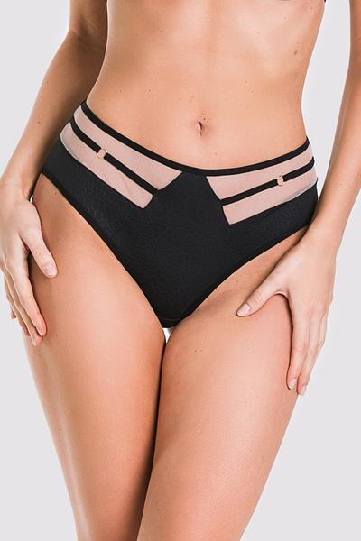 Figi pełne wykonane z czarnej mikrofibry, boki z tiulu z naszytymi czarnymi paseczkami.
Skład surowcowy: 78% Poliamid, 12% Elastan, 5% Poliester, 5% Bawełna.
 