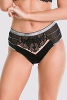 Figi pełne, przód z koronką, srebrna guma w pasie, boczki zobią cienkie paseczki naszyte na tiulu, tył z czarnej mikrofibry.
Skład surowcowy: 91% Poliamid, 5% Bawełna, 4% Elastan

 
