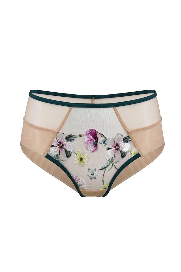 Zmysłowe figi z wyciętym tyłem wykonanym z beżowej delikatnej siatki.
Przód zdobi koronka z kwiatowym motywem, boczki i tył z podwójnego tiulu, taśmy w kolorze szmaragdowym.
Skład: 78% Poliamid,12% Elastan, 5% Poliester, 5% Bawełna


 