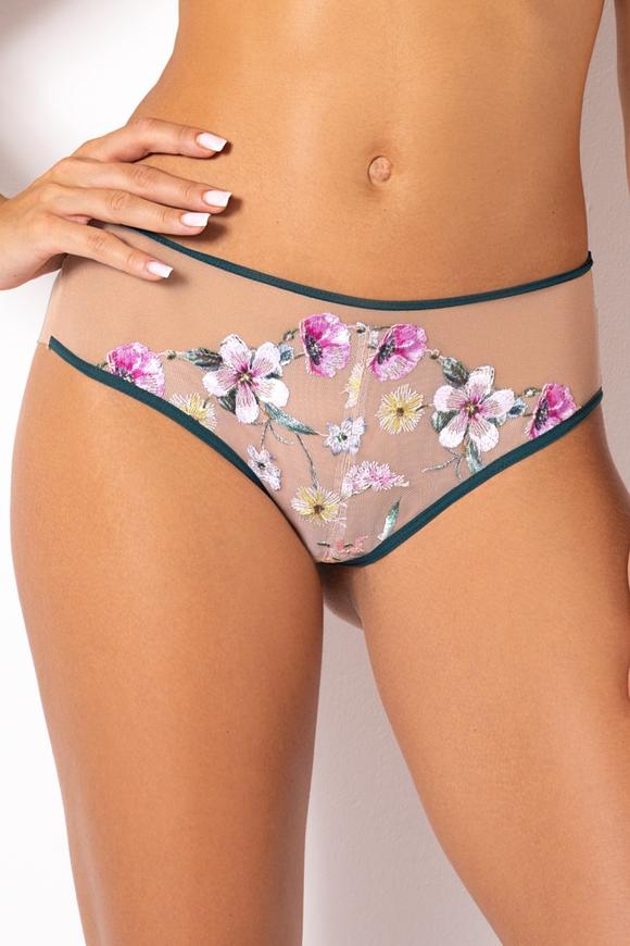 Zmysłowe figi z  tyłem wykonanym z beżowej delikatnej siatki.
Przód zdobi koronka z kwiatowym motywem, tył z podwójnego tiulu, taśmy w kolorze szmaragdowym.
Skład: 78% Poliamid,12% Elastan, 5% Poliester, 5% Bawełna

 