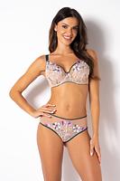 Zmysłowe figi z  tyłem wykonanym z beżowej delikatnej siatki.
Przód zdobi koronka z kwiatowym motywem, tył z podwójnego tiulu, taśmy w kolorze szmaragdowym.
Skład: 78% Poliamid,12% Elastan, 5% Poliester, 5% Bawełna

 