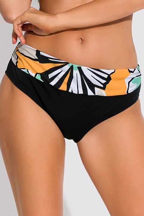 Figi kąpielowe w klasycznym fasonie, w górnej części marszczenie z wzorzystej mikrofibry, dół i tył czarny gładki.
Skład surowcowy: 80% Poliamid, 20% Elastan
 