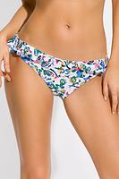 Niskie figi o kroju brazylian wykonane z wzorzystej mikrofibry, pas ozdobiony falbanką.
Skład surowcowy: 80% Poliamid, 20% Elastan
 