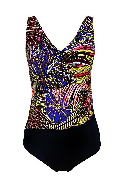 Kostium kąpielowy jednoczęściowy z usztywnionym miseczkami, pod biustem gumka, dekolt zabudowany.
Przód wykonany z wzorzystej mikrofibry, tył i dół cały gładki w kolorze czarnym.
Konstrukcja z marszczenien w okolicy talii ukryje niedoskonałości i zapewni elegancki look zarówno na plaży jak i na basenie!
Skład surowcowy: 80% Poliamid, 20% Elastan

 