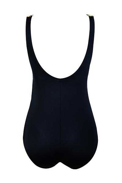 Kostium kąpielowy jednoczęściowy z usztywnionym miseczkami, pod biustem gumka, dekolt zabudowany.
Przód wykonany z wzorzystej mikrofibry, tył i dół cały gładki w kolorze czarnym.
Konstrukcja z marszczenien w okolicy talii ukryje niedoskonałości i zapewni elegancki look zarówno na plaży jak i na basenie!
Skład surowcowy: 80% Poliamid, 20% Elastan

 