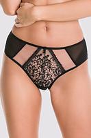 Figi pełne.
Przód z beżowej siatki z czarnym haftem, boki i tył z czarnego tiulu.
Skład surowcowy: 78% Poliamid, 12% Elastan, 5% Poliester, 5% Bawełna.

 