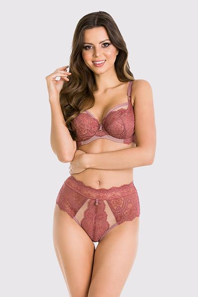 Biustonosz miękki.
Miseczki z siatki pokrytej koronką, góra przezroczysta. Obwód z tiulu obszytego koronką, brak bocznej fiszbiny.
Konstrukcja zbierająca i unosząca piersi, skierowana dla pań z średnim i dużym biustem.
Skład surowcowy: 85% Poliamid, 10% Elastan, 5% Poliester.
 