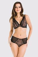 Biustonosz miękki o kroju braletki, miseczki z plenu w kwiaty, dekolt  z tiulu zakończonego płaskim szwem.
Miseczki z jednym pionowym cięciem przez całą długość, w dole miski mała zaszewka, miseczki są tak wyprofilowane, że nadają naturalny kształt a zastosowane materiały dają gwarancję niezwykłego komfortu.
Konstrukcja idealna na mały i średni biust.
Szerokie, komfortowe ramiączka 
Skład surowcowy: 85% Poliamid, 10% Elastan, 5% Poliester.

 