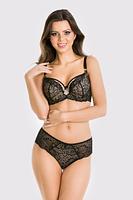 Biustonosz półusztywniony.
Wnętrze miseczki wykonane z beżowej pianki, wierzch z koronki, góra z tiulu. Miseczka połączona z ramiączkiem kółeczkiem.
Obwód z tiulu pokrytego koronką, brak bocznej fiszbiny.
Konstrukcja z szerokim łukiem fiszbiny układa biust naturalnie i zapewnia wygodę w całodziennym użytkowaniu.
Skład surowcowy: 85% Poliamid, 10% Elastan, 5% Poliester.
 