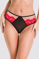 Figi klasyczne.
Tył w klasycznym kroju, góra z elastycznego tiulu, dół wykończony koronką.
Przód z czarnej siatki, boczki z koronką.
Skład surowcowy: 78% Poliamid, 12% Elastan, 5% Poliester, 5% Bawełna.
