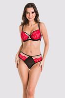 Figi klasyczne.
Tył w klasycznym kroju, góra z elastycznego tiulu, dół wykończony koronką.
Przód z czarnej siatki, boczki z koronką.
Skład surowcowy: 78% Poliamid, 12% Elastan, 5% Poliester, 5% Bawełna.
